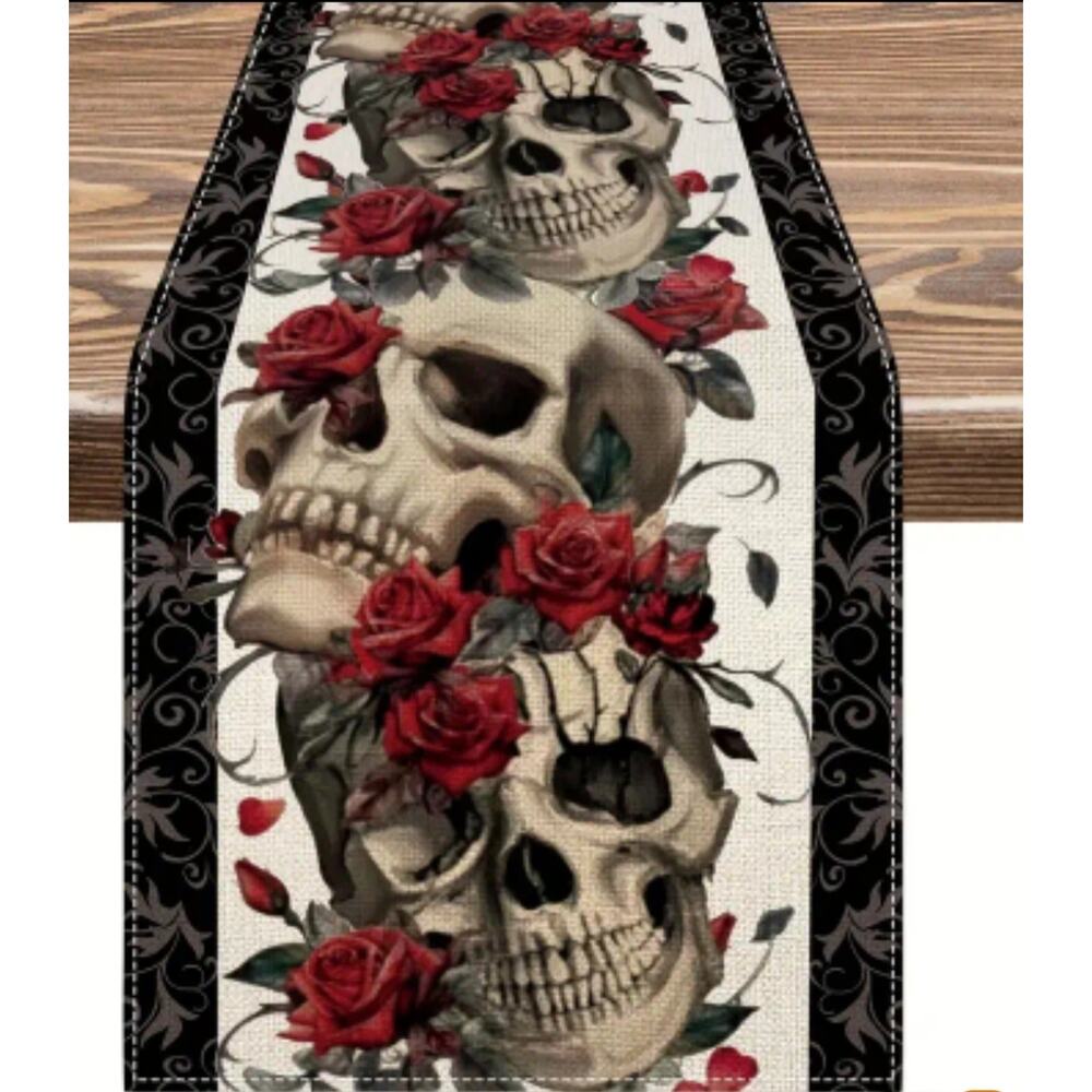 Skull & Roses Table Runner 72"×12" Red Black Goth Rock Match Placemats Halloween